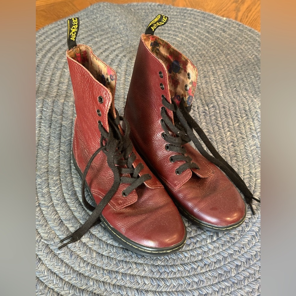 Dr. Martens Burgundy Red Lace Up Stratford Boots with floral lining detail